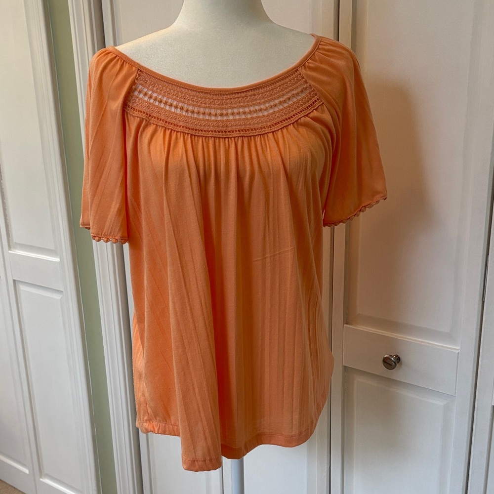 Kim Rogers Peach-Orange Smocked Yoke Peasant Top